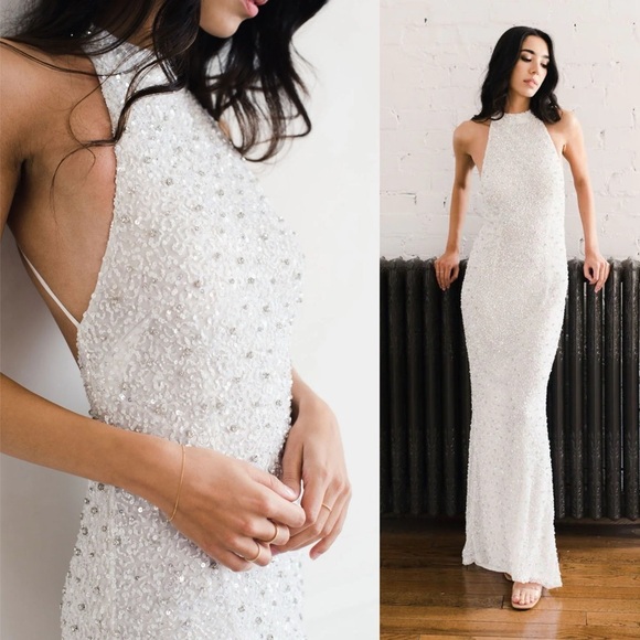 Retrofete Olivia Hand Beaded Sequin Halter Open Back Gown White NEW with tags - Picture 14 of 16